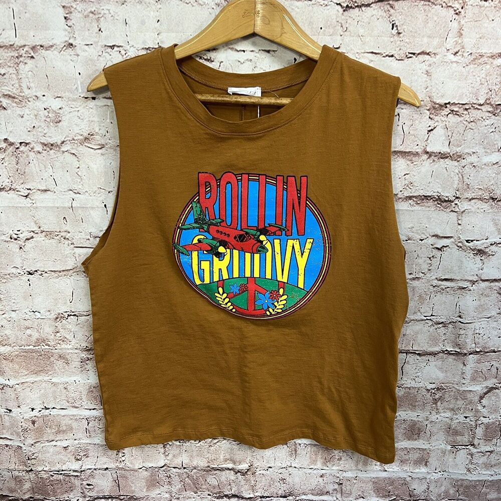 Hippie Boho Cutoff Sleeveless T-shirt Medium NEW Rollin Groovy Plane Boutique